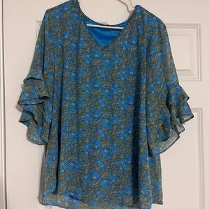 Valolia women's blue floral print 3/4 sleeve blouse with ruffle sleeves L